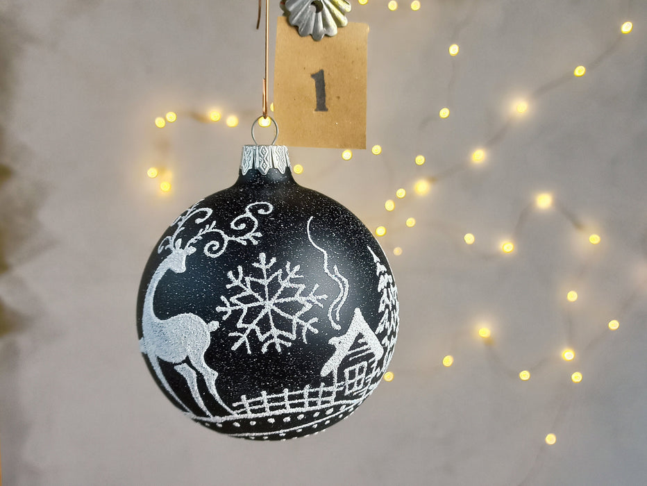 Black White Christmas Baubles Set, Hand Painted Glass
