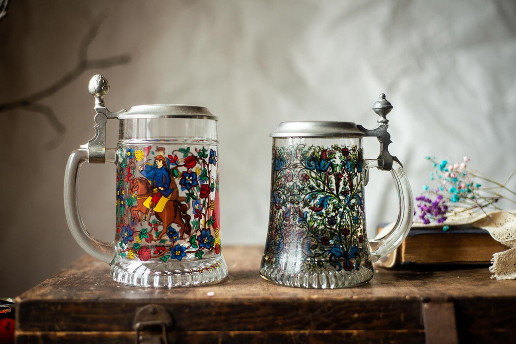 Vintage German Glass Beer Stein with Pewter Lid Medieval & Floral Tankard