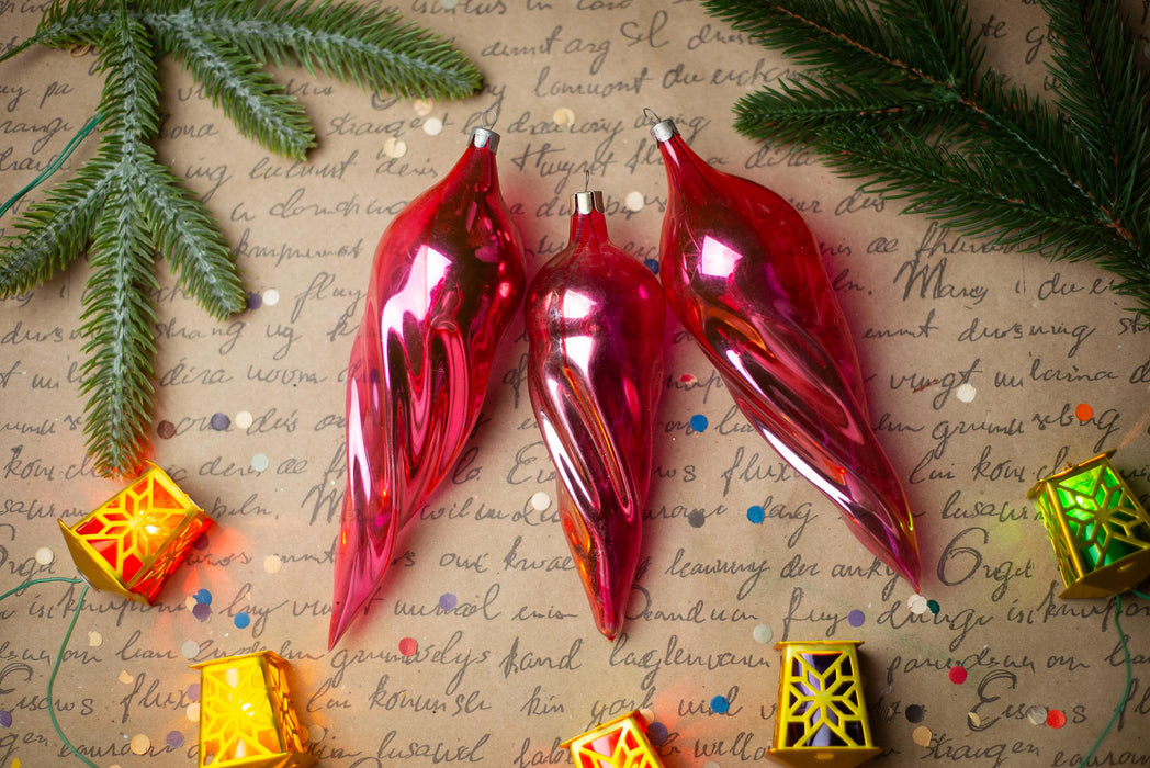 Pink Glass Icicle Christmas Ornaments, Vintage Set of 3