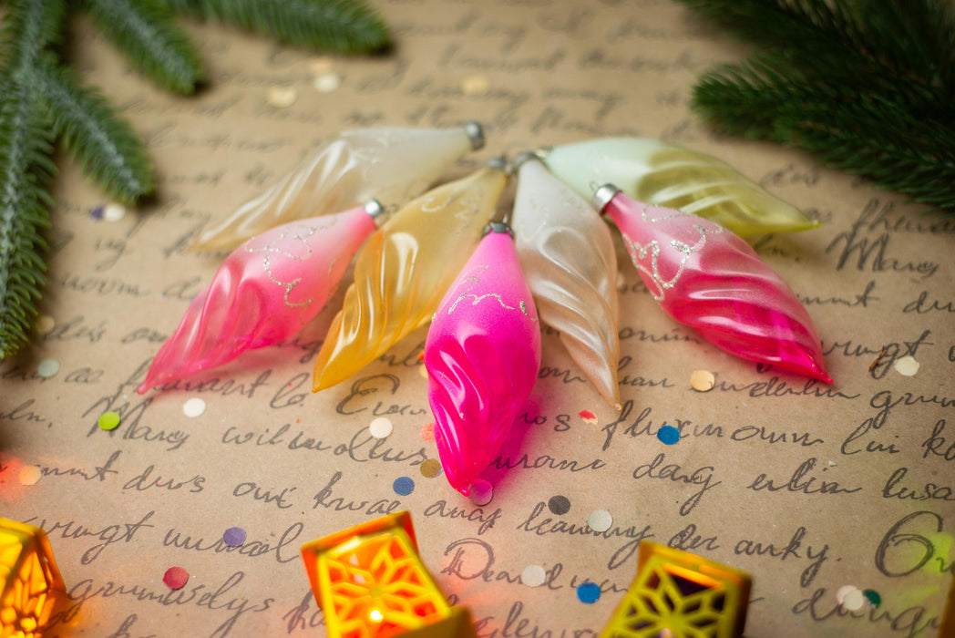 Candy Glass Icicle Christmas Ornaments, Vintage Set of 7