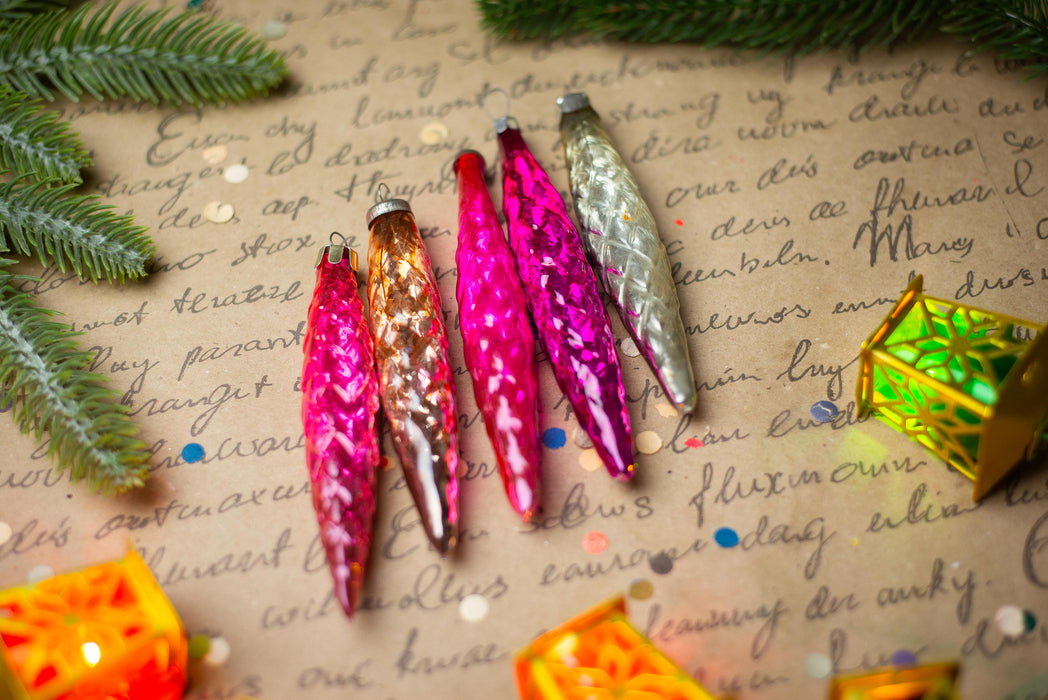 Pink Glass Icicle Christmas Ornaments, Vintage Set of 5