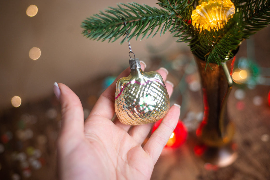 Vintage Glass Purse Christmas Ornament, Gold Mid Century