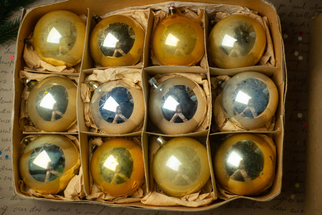 Vintage Silver Gold Glass Christmas Ball Ornaments Set of 12, Soviet Box
