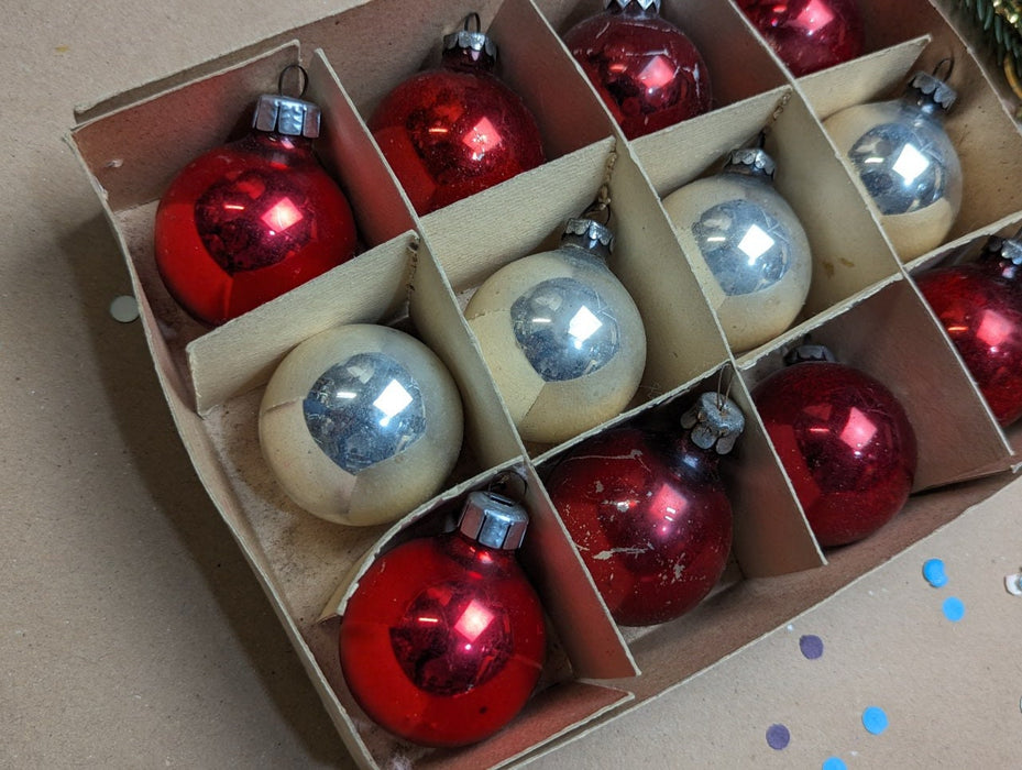Set of 12 Vintage glass Christmas ornaments in the box, red and silver Xmas balls, Xmas tree hanging baubles