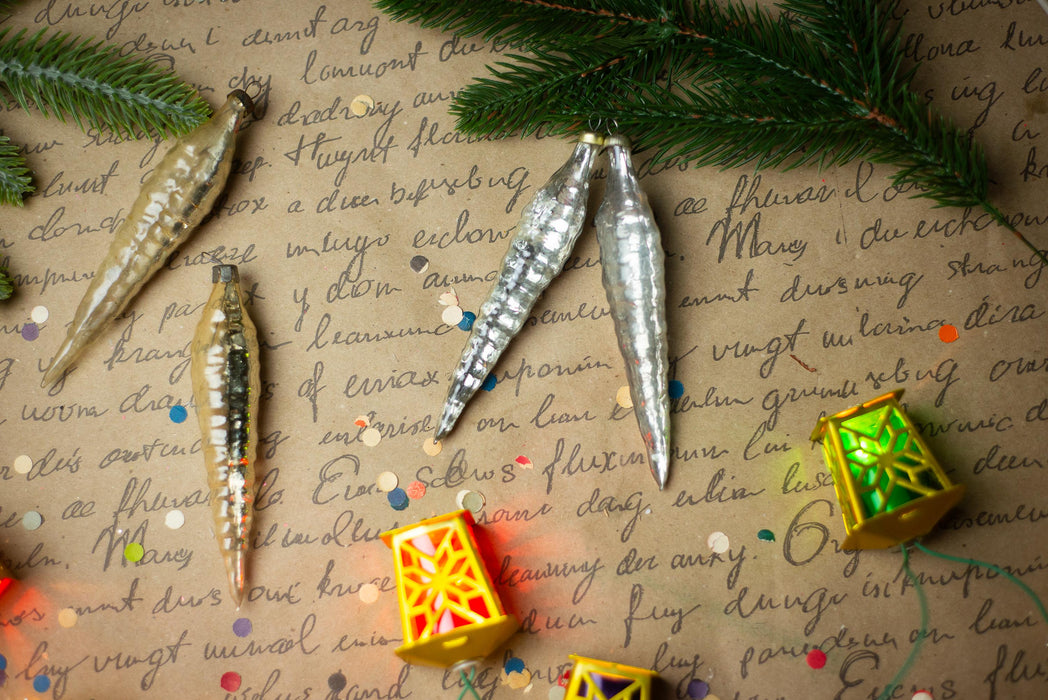 Silver Glass Icicle Christmas Ornaments, Set of 4 – 11 cm