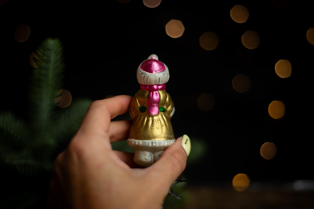 Vintage Glass Christmas Ornament Girl with Red Mittens