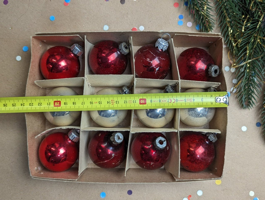 Set of 12 Vintage glass Christmas ornaments in the box, red and silver Xmas balls, Xmas tree hanging baubles