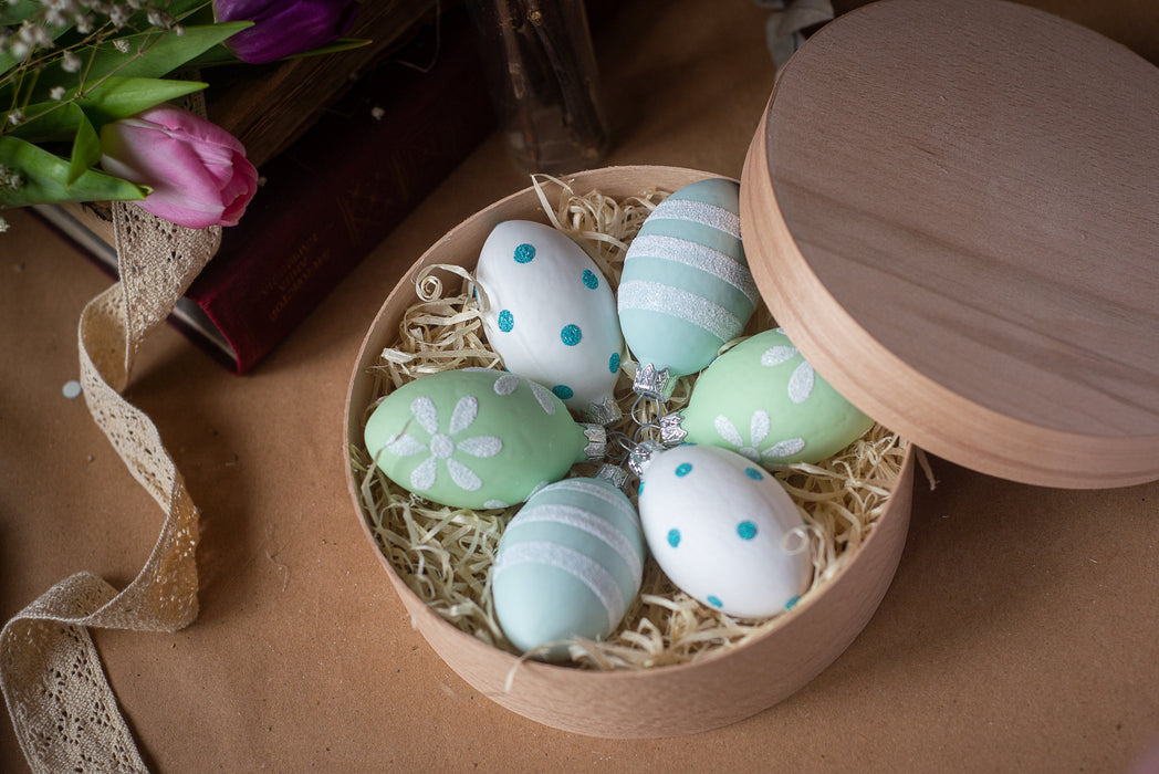 Hand Blown Glass Easter Eggs Set, Pastel Spring Decor with Wooden Box Option