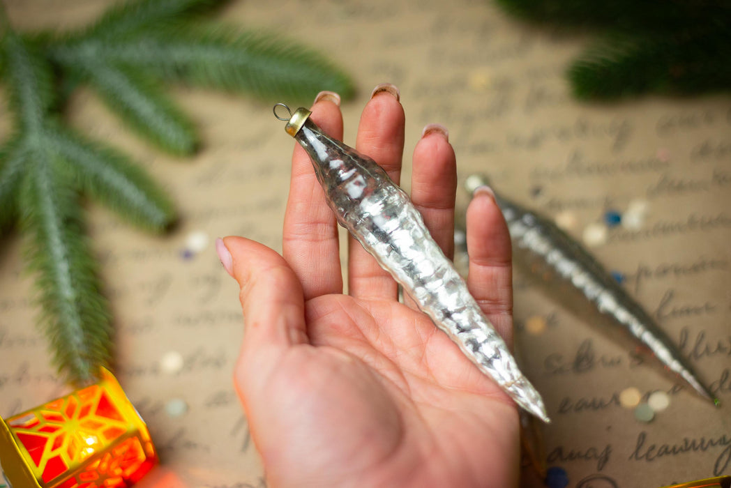 Silver Glass Icicle Christmas Ornaments, Set of 4 – 11 cm