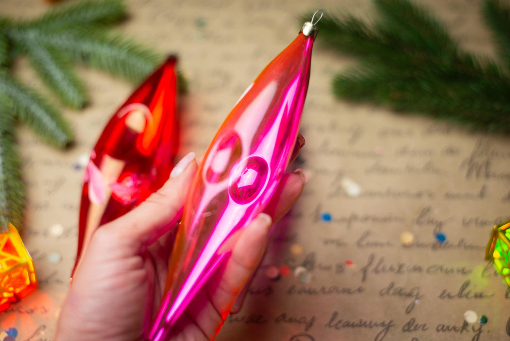 Pink Indent Glass Icicle Ornaments, Vintage Set of 3