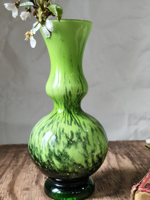 Green Glass Vase Murano Style, Mid Century Retro Aesthetic Decor