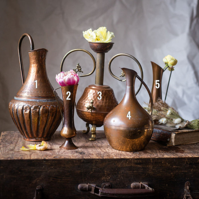 Vintage brass pitcher, metal water jug, rustic metal flower vase,