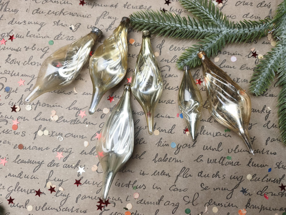 Vintage Silver Glass Christmas Ornaments, Ribbed Icicles and Lantern Bauble Sets