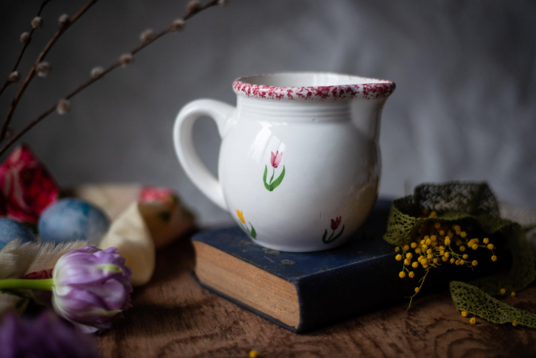 Easter table serving with Chicken Rooster Art, Vintage Ceramic Pitcher, Rustic, Farmhouse Kitchen