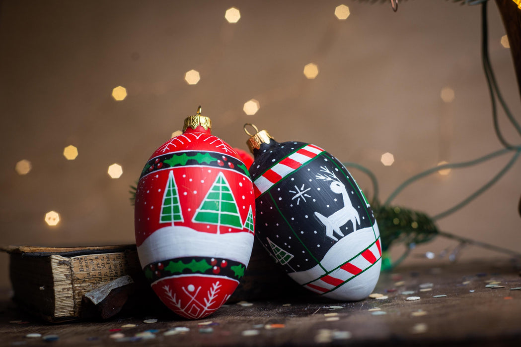 Scandinavian Christmas Ornaments Set, Hand Painted Glass Baubles, Nordic Holiday Decor