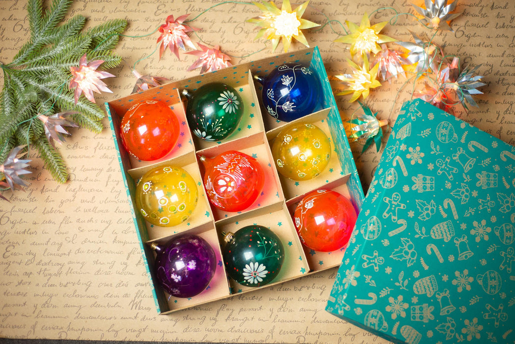 Vintage Transparent Glass Christmas Ornaments, Large Indent Baubles Set