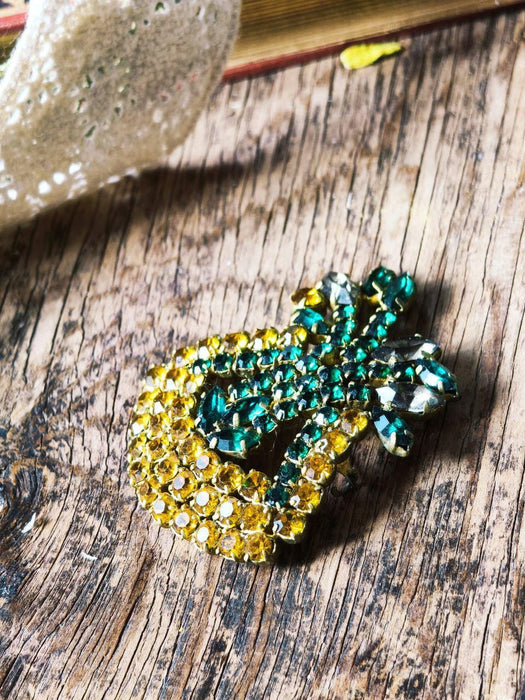 Vintage Green and Yellow Rhinestone Brooch 1970s, Bold Crystal Statement Pin