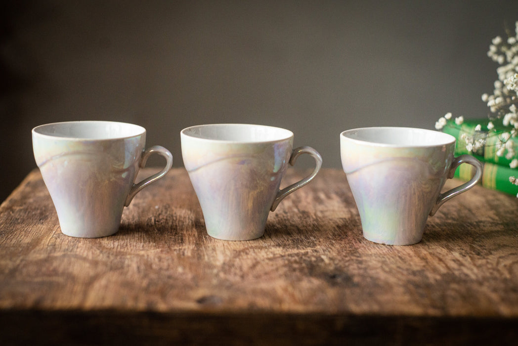 Vintage Porcelain Mini Teacup Set: Pearlescent Pine Design, USSR 1970s