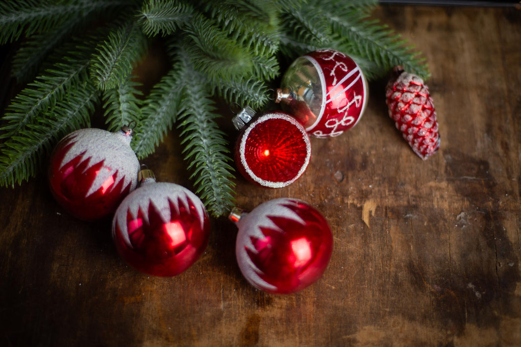Vintage GDR Red and White Christmas Ornaments, Thin Glass Baubles & Pinecone 60s