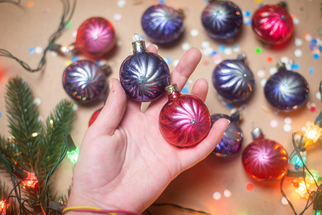 Vintage Glass Christmas Ornaments, Purple Red Baubles