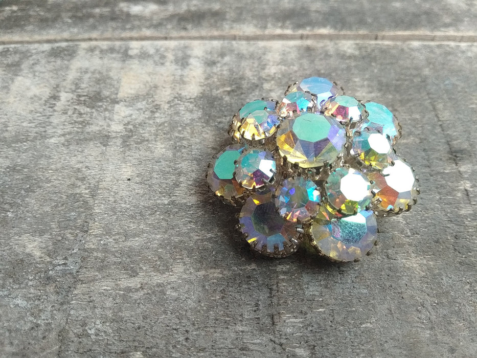 Vintage Rhinestone Flower Brooch, Round Sparkling Pin 1970s Jewelry