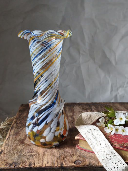 Vintage Murano Style Glass Vase, Beige Blue Art Glass, 1970s Bud Vase