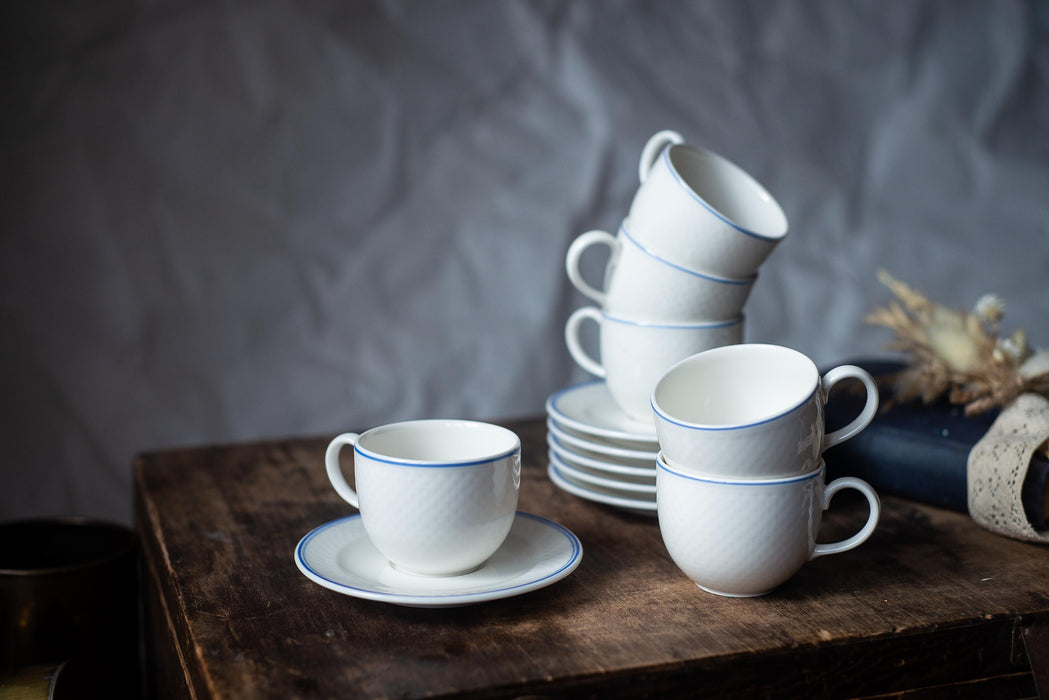 Vintage Villeroy & Boch Porcelain Coffee Set: White Blue Trim, German Tea Set