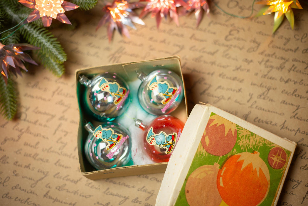 Vintage Christmas Ornaments with Gnome Elves – Set of 4 in Original Box