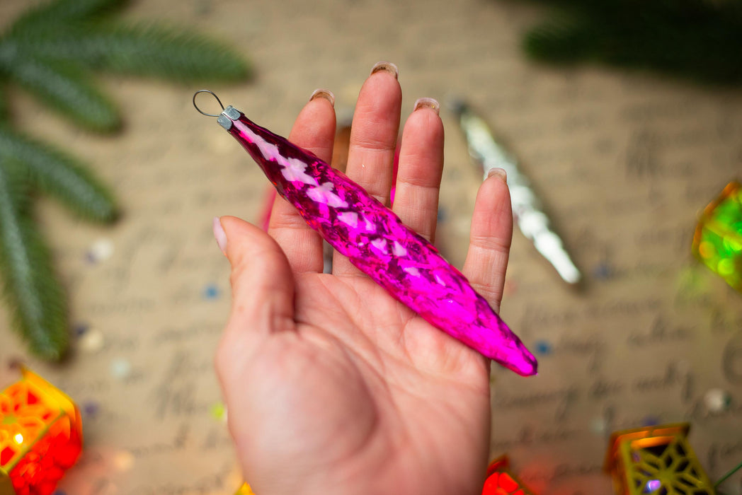 Pink Glass Icicle Christmas Ornaments, Vintage Set of 5