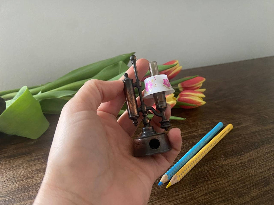Vintage Brass Sharpener, 1970s Hong Kong Mini Lamp Pencil, 2.5in.