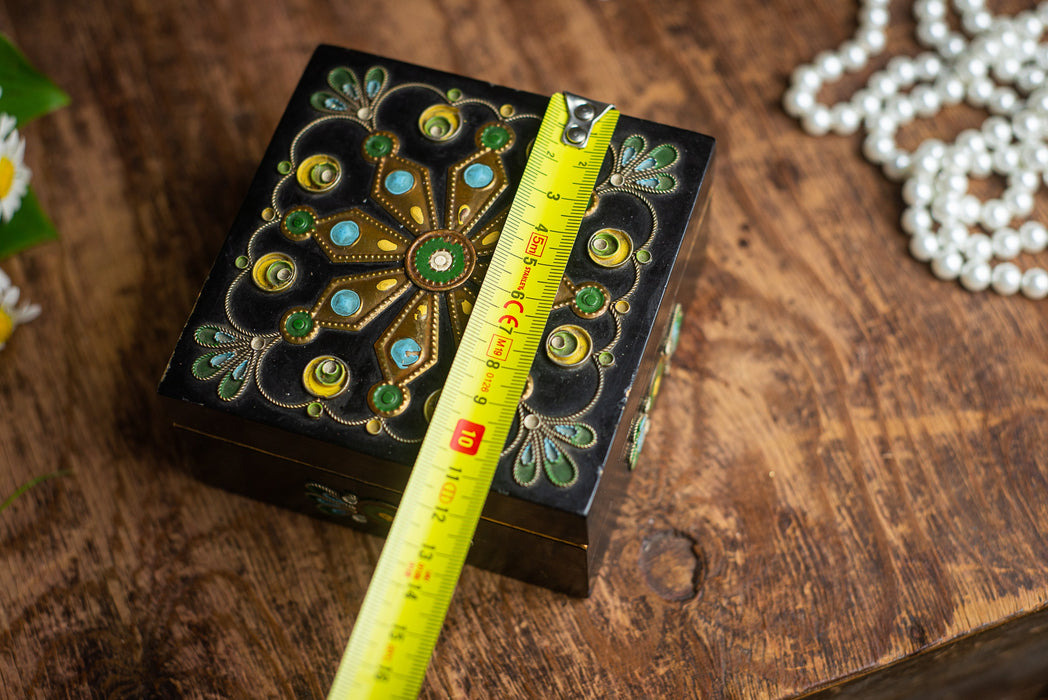 Vintage Wooden Trinket Box with Floral Enamel and Brass Inlay Jewelry Storage