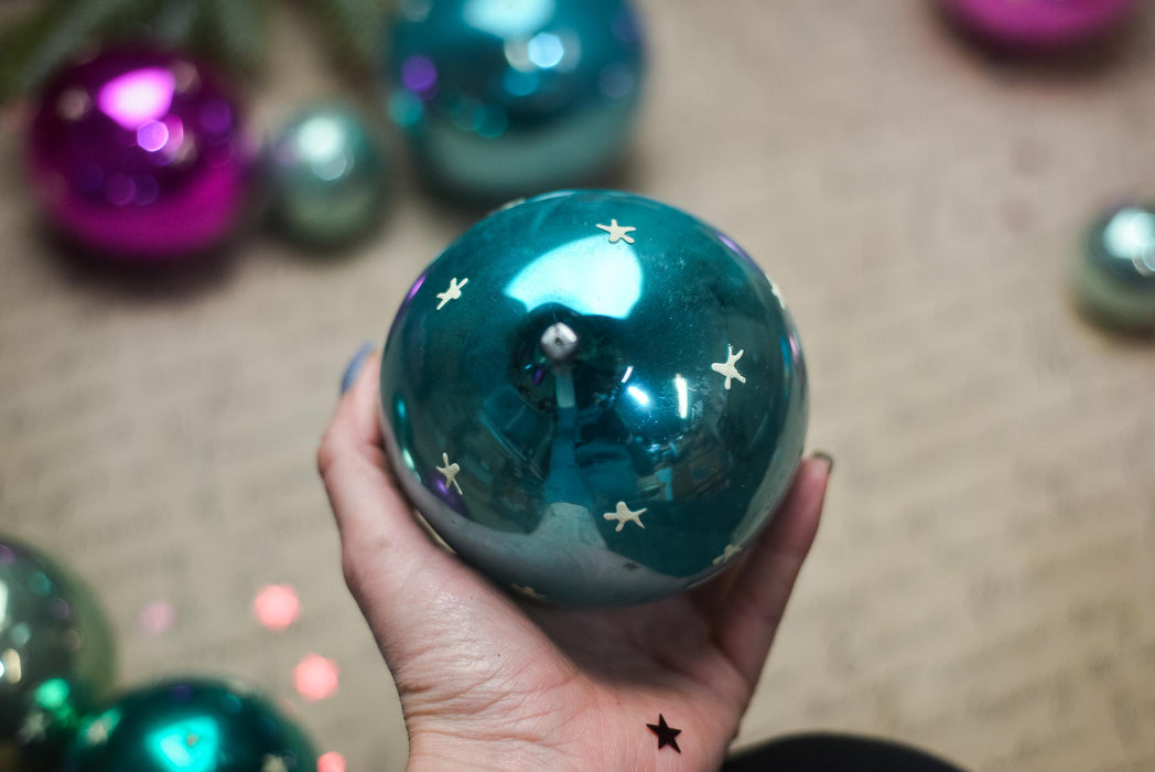 Vintage Glass Christmas Ornaments Set, Glow in Dark Stars, 1970s Teal Pink Balls