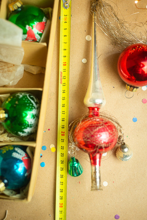 Vintage Hand Blown Glass Christmas Ornament Set: Tree Topper & Balls, German Made
