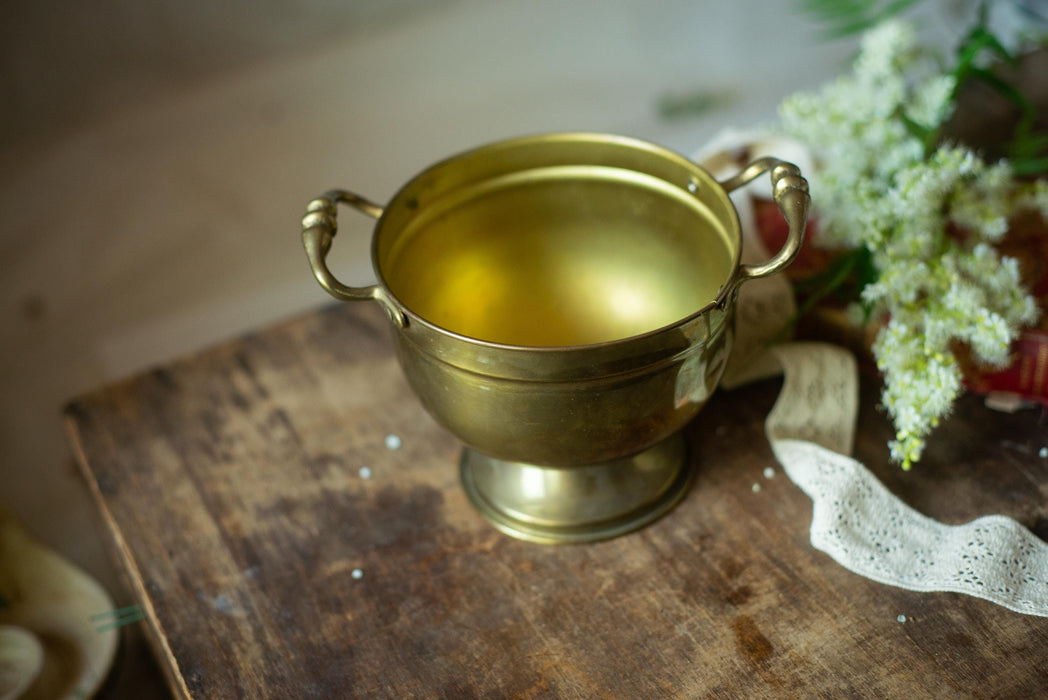 Vintage Brass Planter - Trophy Style Pedestal Planter with Aged Brass Finish