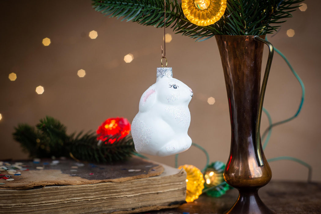 Glass rabbit ornament, Christmas ornament, white rabbit Xmas tree decoration, woodland rustic Christmas decor
