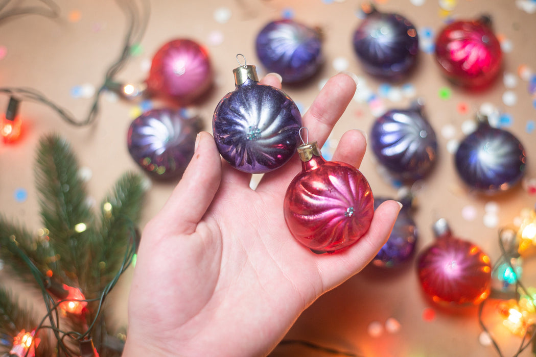 Vintage Glass Christmas Ornaments, Purple Red Baubles