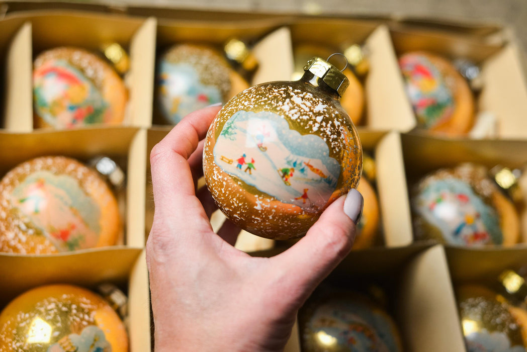 Vintage Glass Ornaments – Set of 12 Gold Christmas Baubles with Snowy Winter Scenes