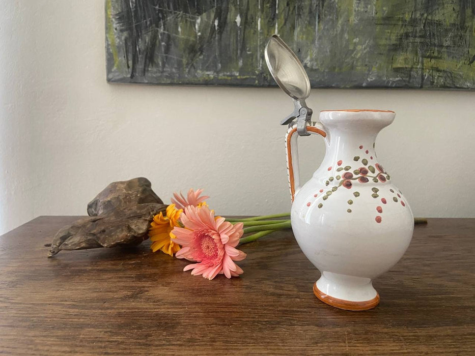 Flower Ceramic wine jug with metal lid, vintage carafe, 1970s German pitcher