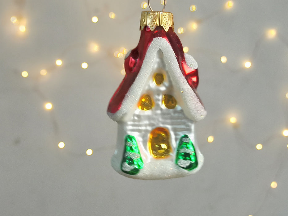 Glass Cottage Christmas Ornament, Hand Blown Holiday