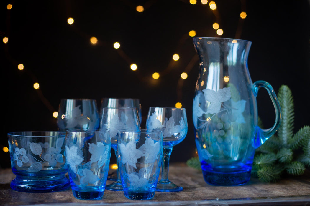 Vintage Blue Glass Drinkware Set with Pitcher, Wine Glasses, Water Tumblers & Candy Bowl, 1970s