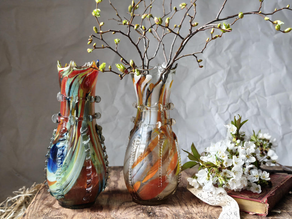 Murano Style Glass Vase, Hand Blown Colorful Mid Century Art Vase Decor