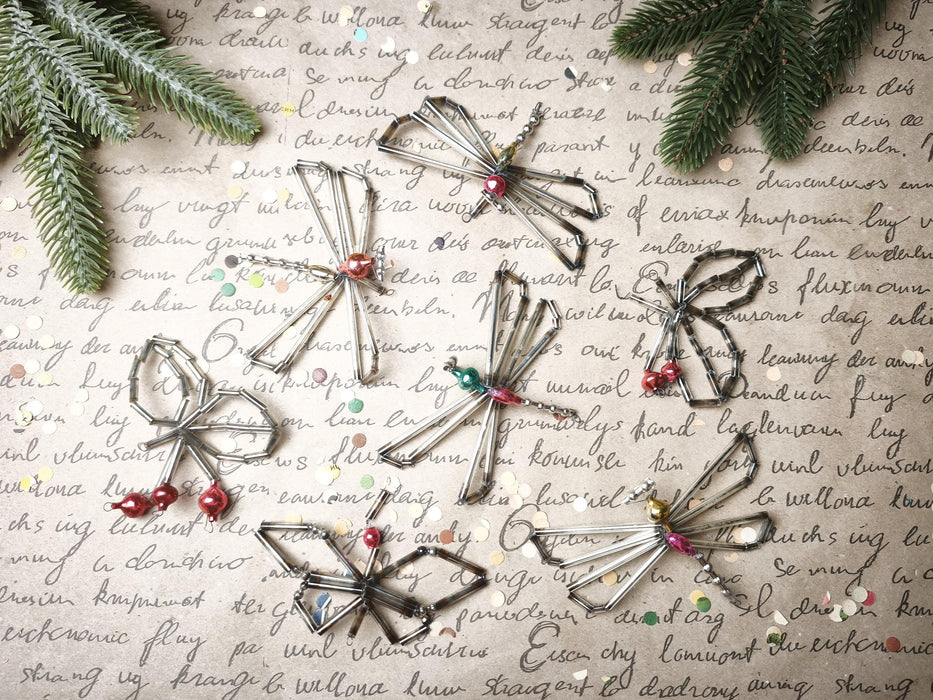 Vintage Glass Butterfly Ornament, 1950s-60s Beaded Montage, 10 Cm