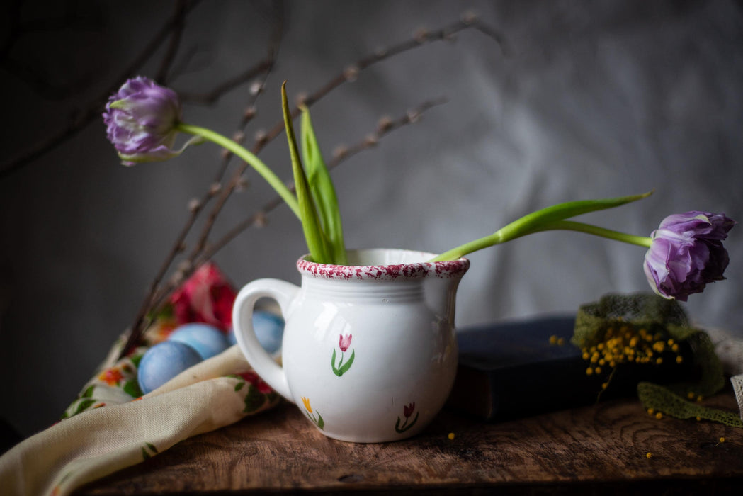 Easter table serving with Chicken Rooster Art, Vintage Ceramic Pitcher, Rustic, Farmhouse Kitchen