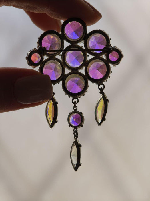 Vintage Rhinestone Brooch, Iridescent Crystal Pin Art Deco Style Statement