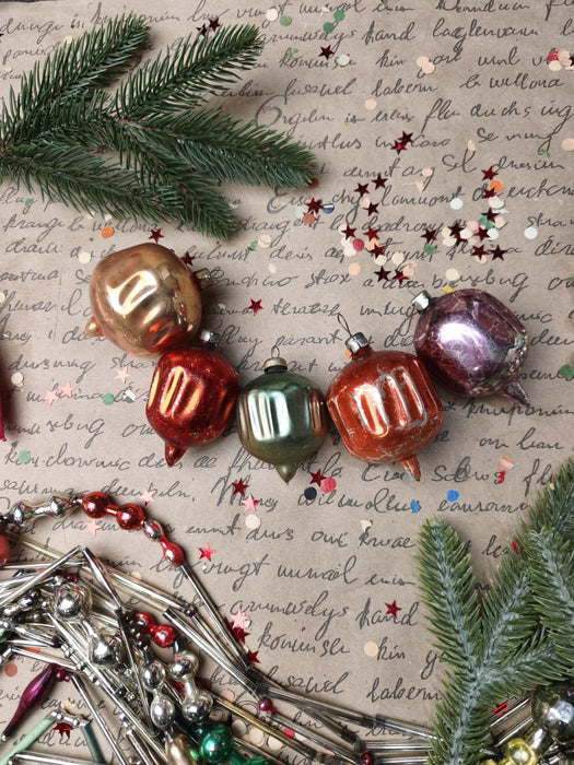 Vintage Glass Christmas Ornaments Set of 5, Ribbed Lantern Baubles, 1970s