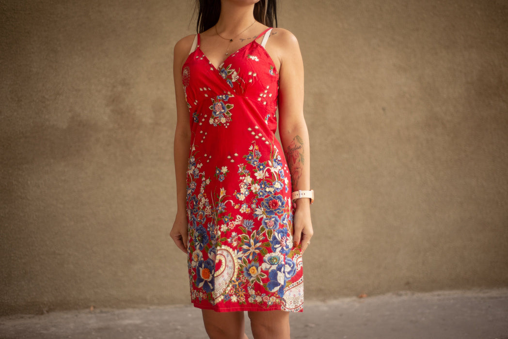 Vintage Floral Sundress - Adjustable Strap Sundress With Embroidered Cotton Details