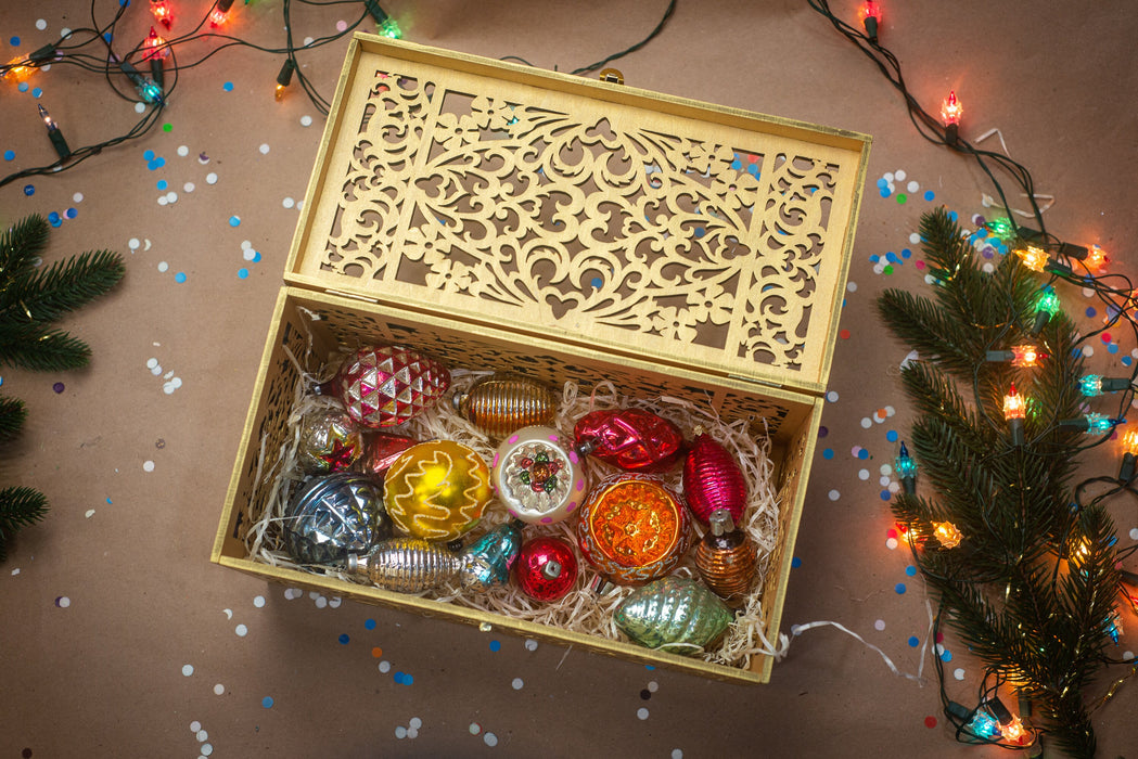 Laser Cut Wooden Keepsake Box, Gold Christmas Ornament Storage, Rustic Decor