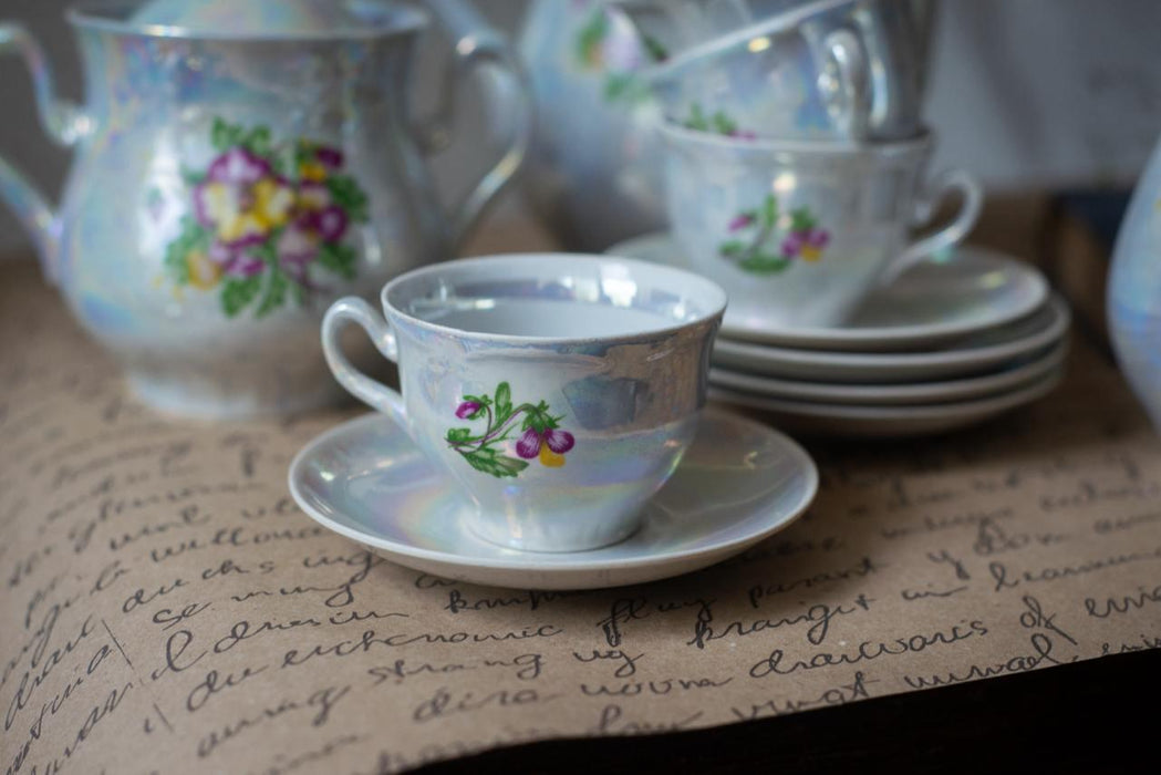 Vintage Lusterware Tea Set with Floral Design, Iridescent Porcelain Coffee Set, Mid Century, Romantic China Set 13 pieces