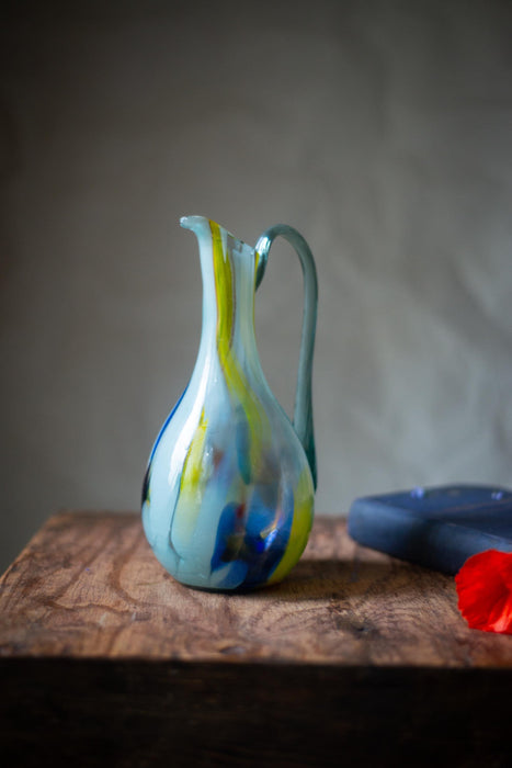 Green Murano Style Glass Pitcher – Vintage Art Jug, MCM Breakfast Table Serving Carafe, Water or Wine Jug