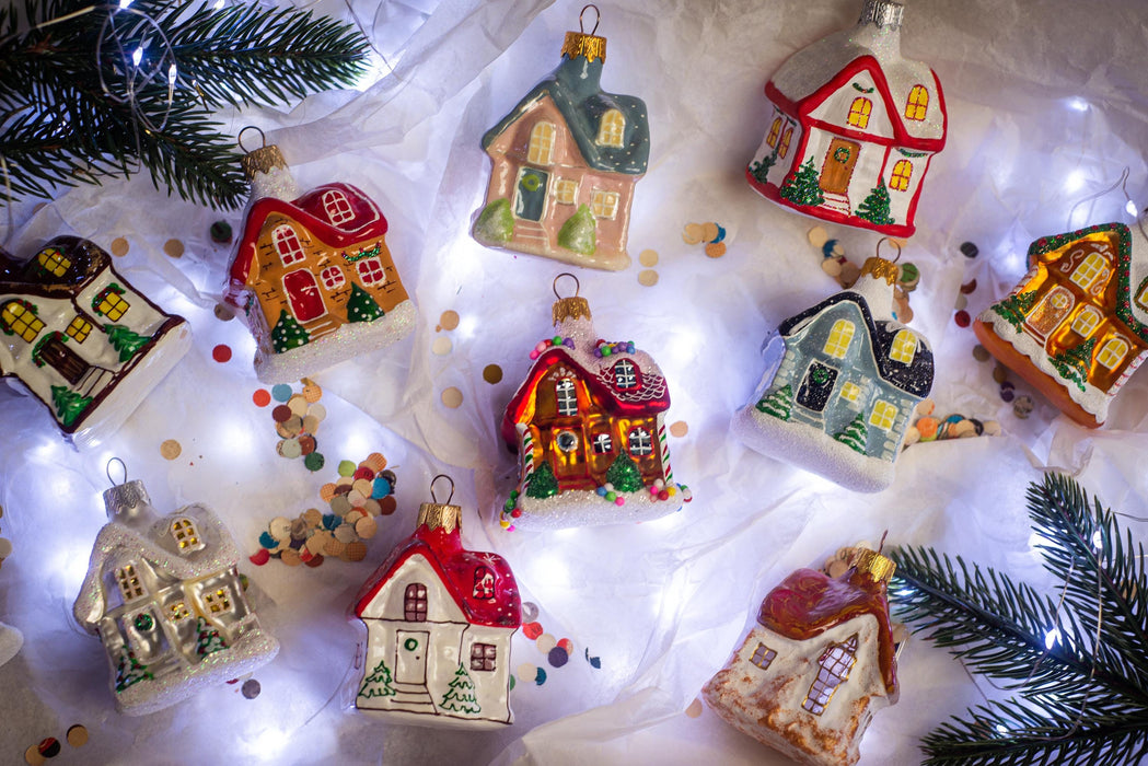 Christmas glass house ornaments, Rustic Xmas tree hanging